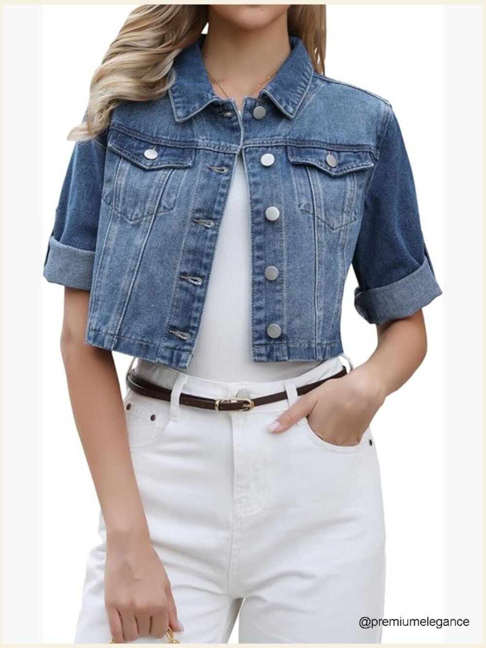 Vintage Cropped Denim Jacket 3/4 Rolled Sleeve Button Down
